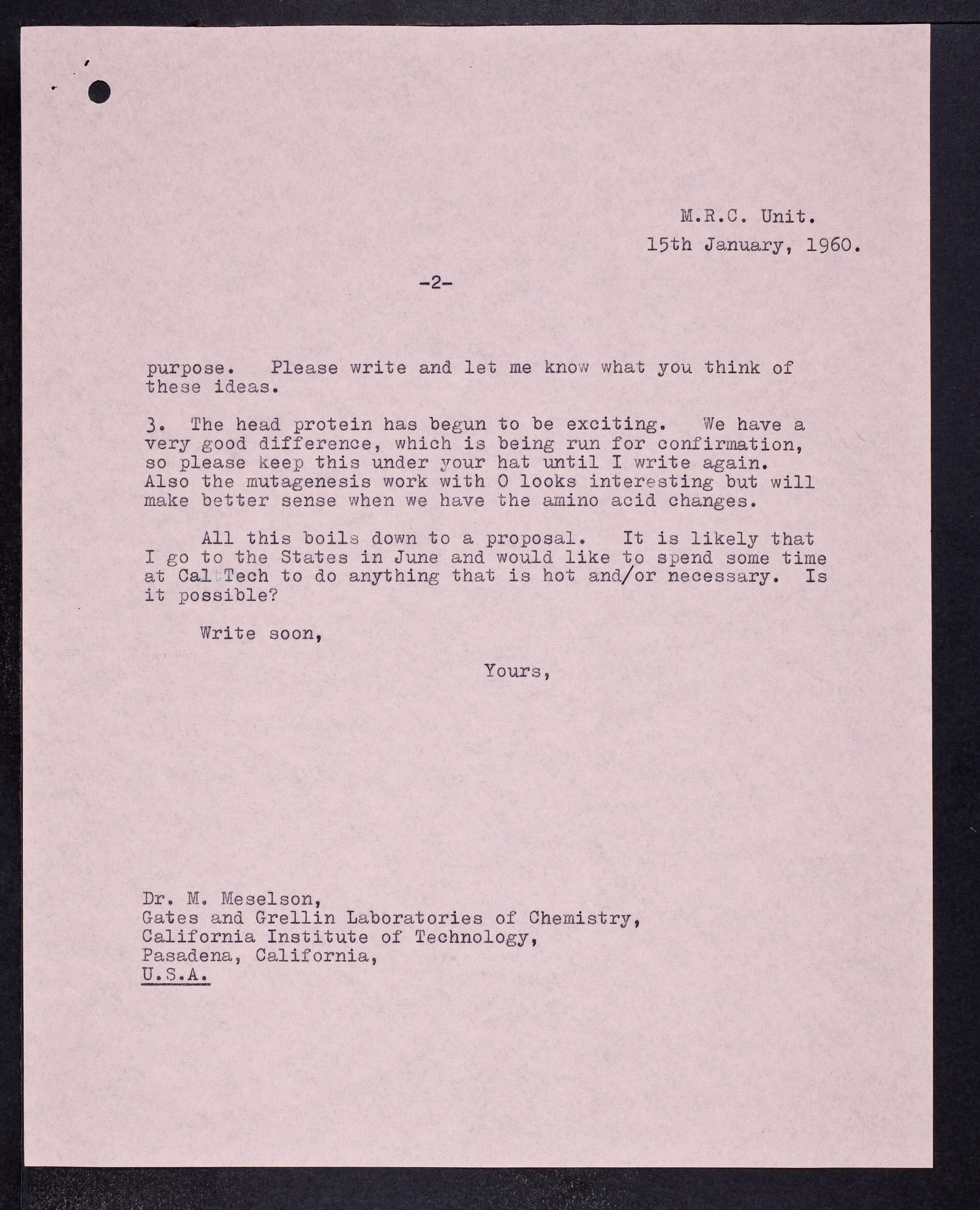 Letter Repository CSHL Archives Repository | Letter from Sydney Brenner to Matthew Meselson