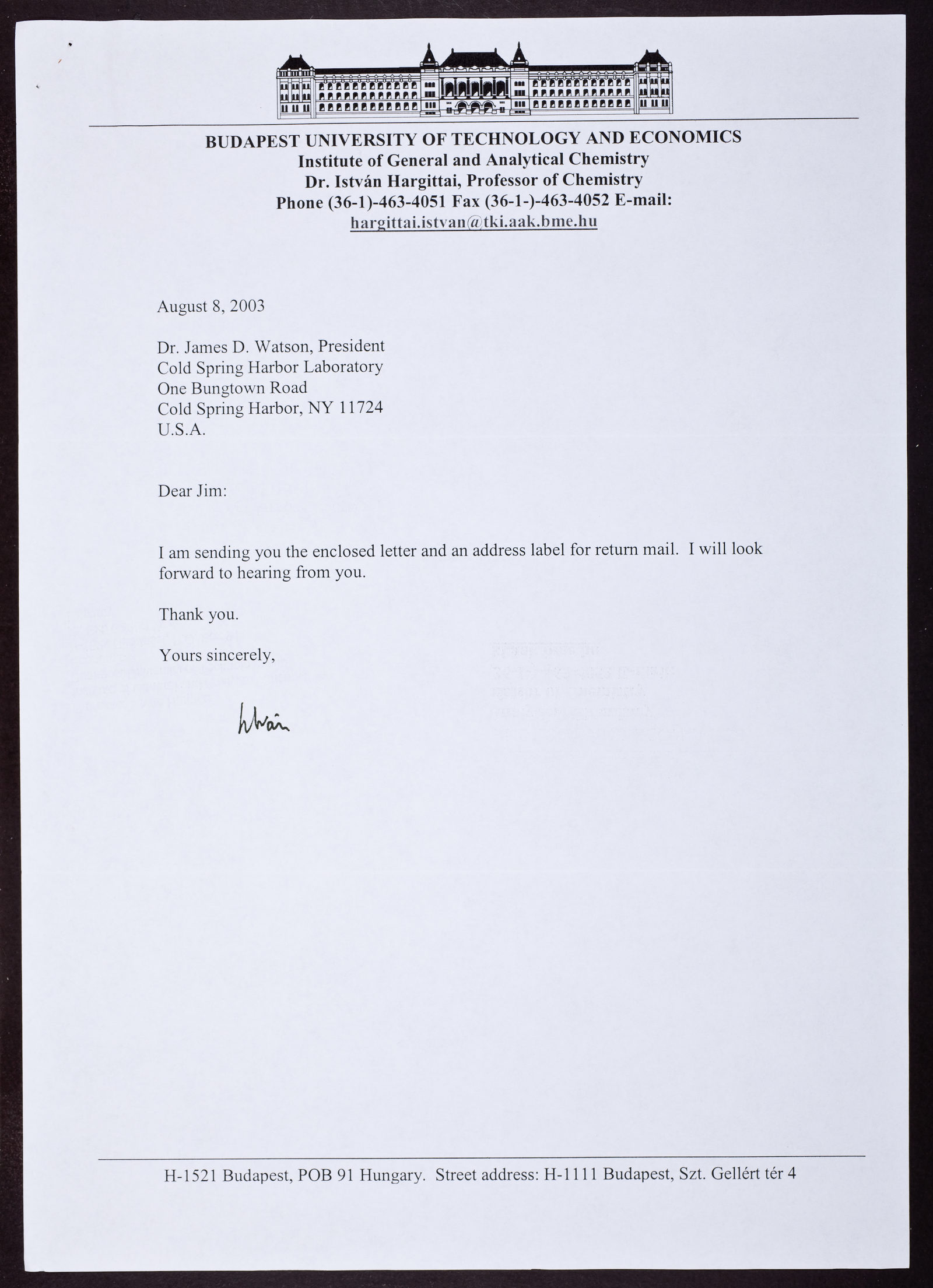 Letter Repository CSHL Archives Repository | Letter from Istvan Hargittai to James D. Watson