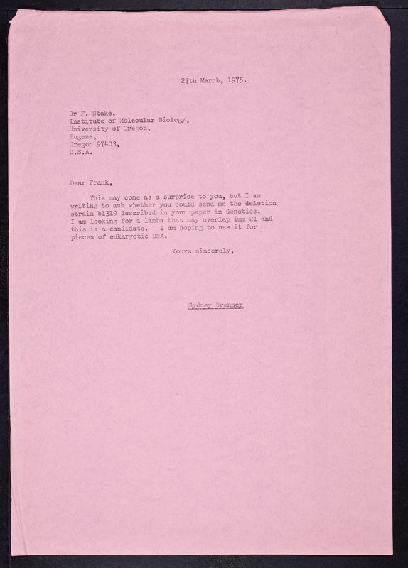 Letter Repository CSHL Archives Repository | Letter from Sydney Brenner to F. Stake